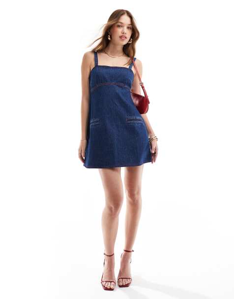 ASOS DESIGN denim pinafore dress in mid blue - view 1