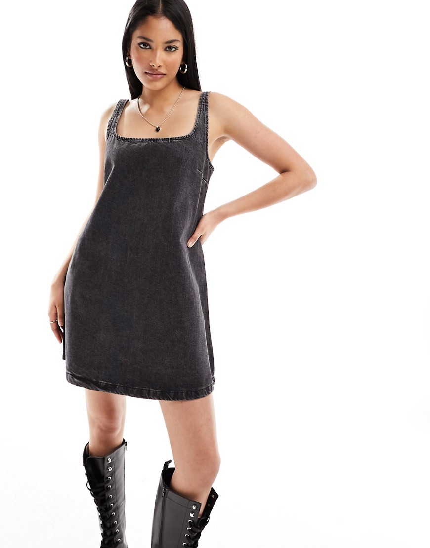 Asos Design Denim Pinny Dress In Wash Black