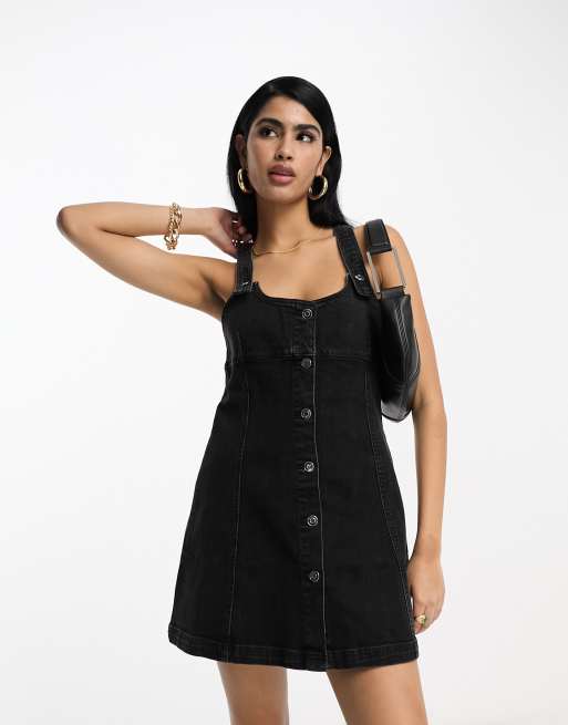 ASOS DESIGN denim pinny dress with button through in black