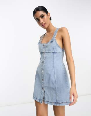 ASOS DESIGN denim pinny dress with button through in lightwash blue | ASOS