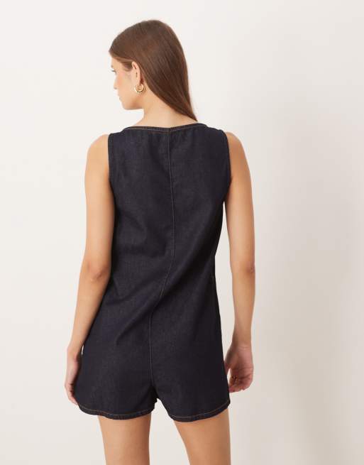 ASOS DESIGN - Denim playsuit met knopen aan de voorkant in indigo, 3 van 4