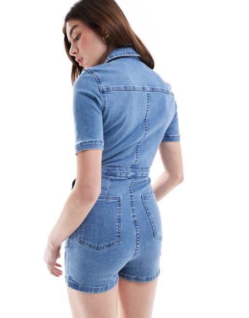 ASOS DESIGN - Denim playsuit met korte mouwen en rits in midwash blauw, 4 van 4