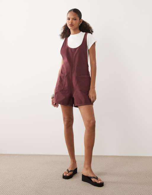 ASOS DESIGN denim playsuit with scoop neck and cross back in light burgundy , 2 of 4