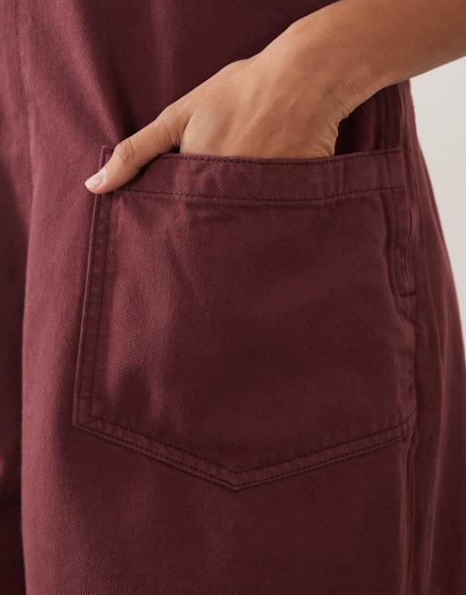 ASOS DESIGN denim playsuit with scoop neck and cross back in light burgundy , 4 of 4