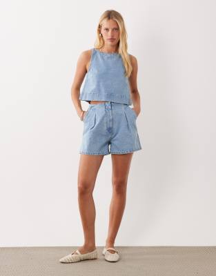 ASOS DESIGN denim pleat front short co-ord with cinch back detail in light wash