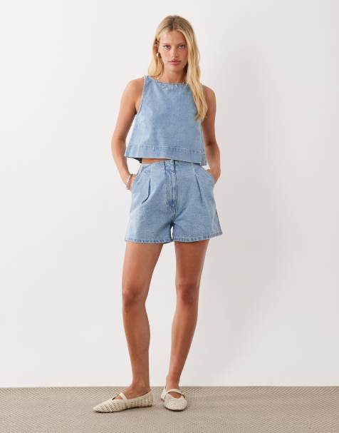 ASOS DESIGN denim pleat front shorts with cinch back detail in light wash (part of a set) - view 1