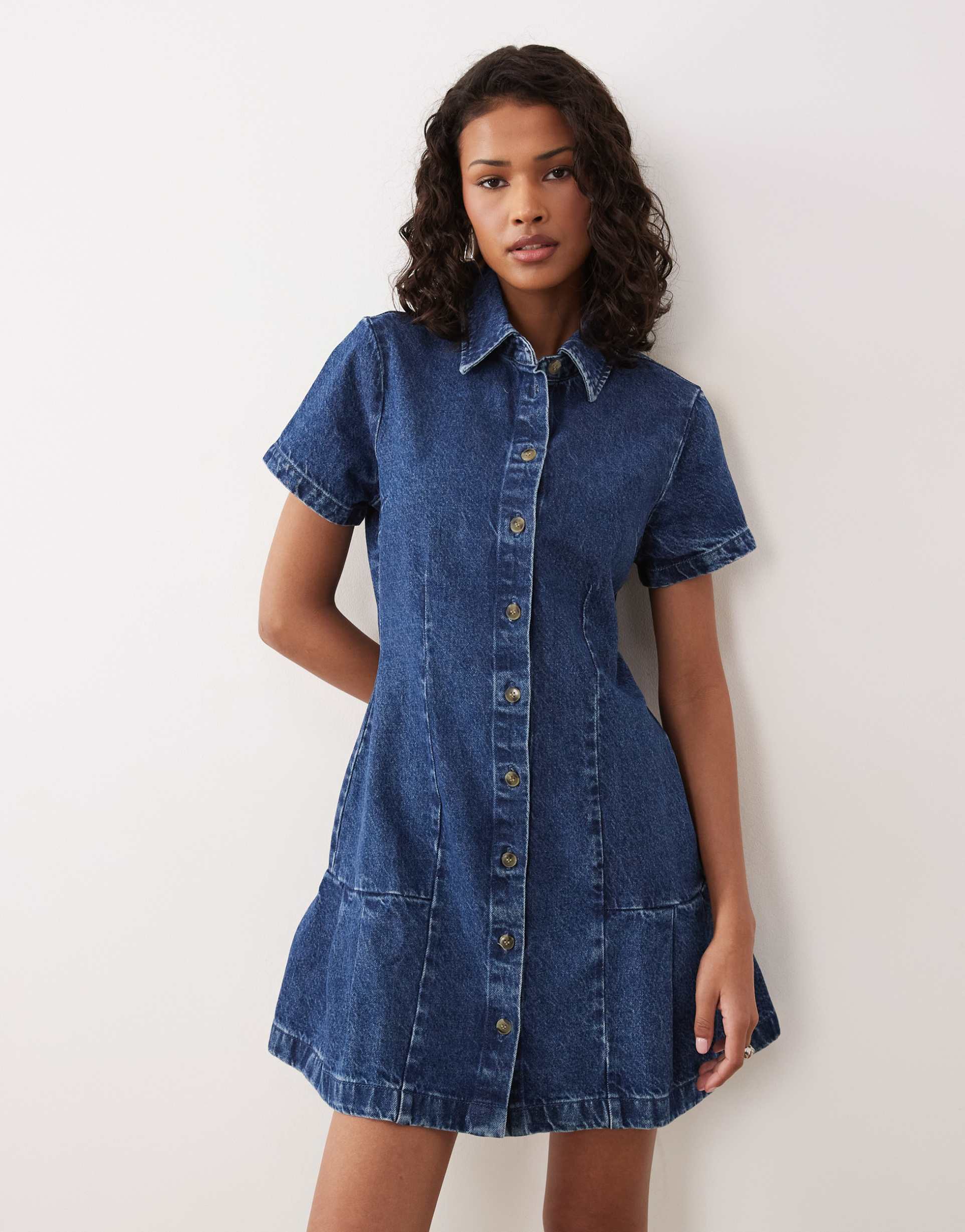 asos design denim pleat hem shirt dress in midwash blue