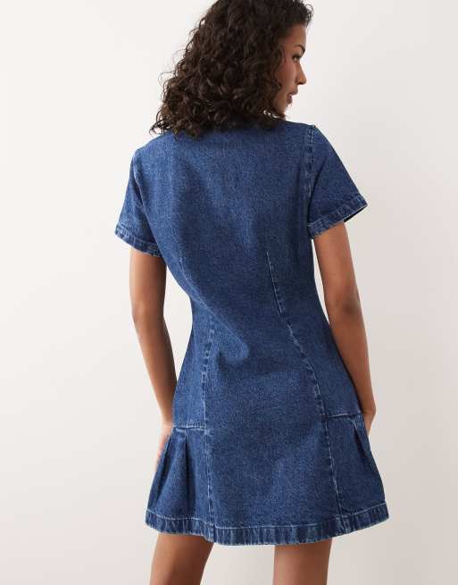 ASOS DESIGN denim pleat hem shirt dress in midwash blue, 4 of 4