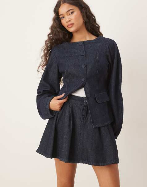 ASOS DESIGN denim pleat mini skirt in rinse (Part of a set) - view 1
