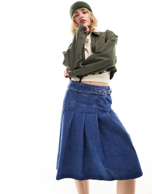 ASOS DESIGN denim pleated knee length skirt in midwash blue