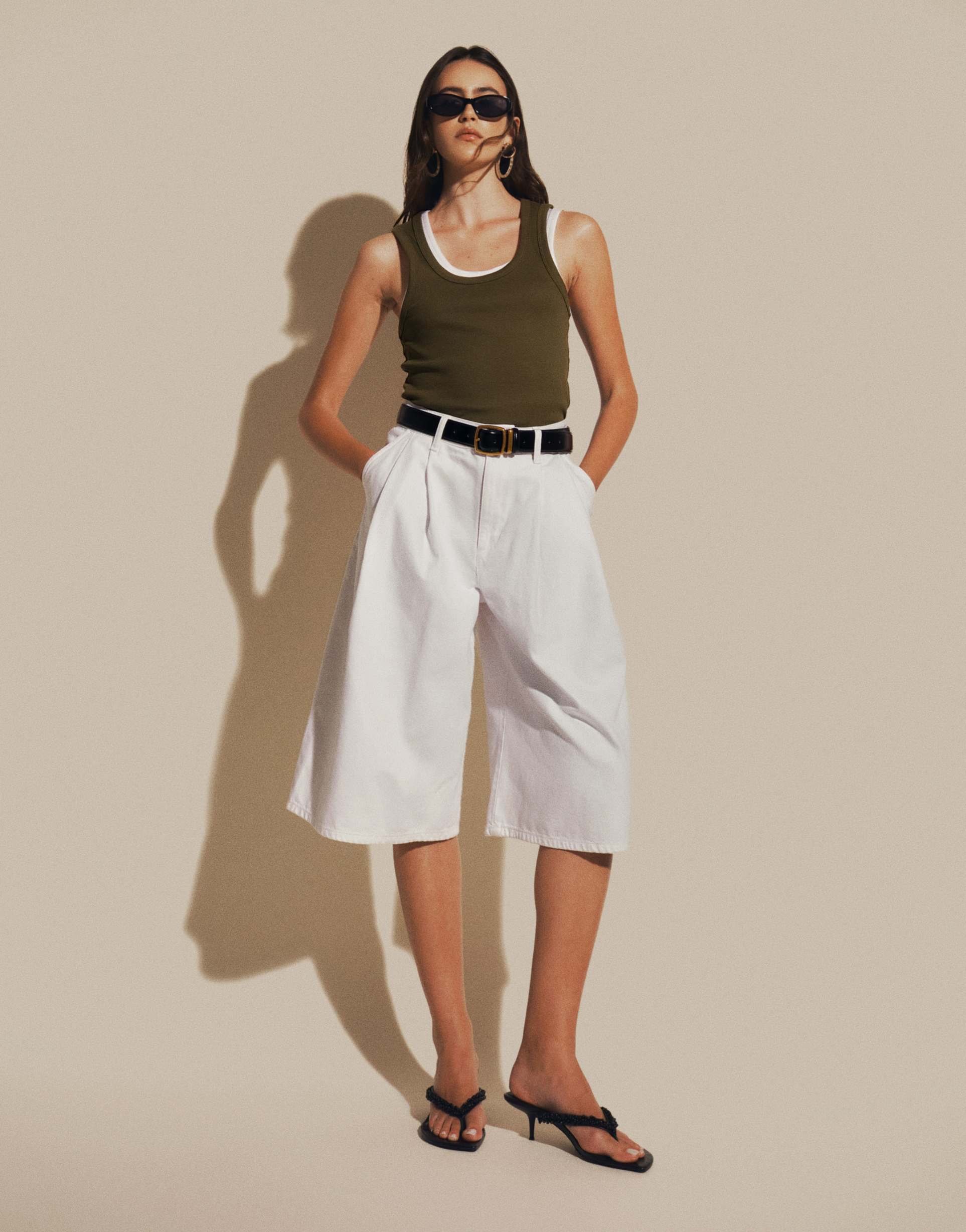 asos design denim pleated longline bermuda shorts in white