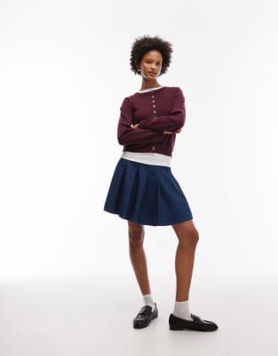 Asos Design Denim Pleated Mini Skirt In Burgundy