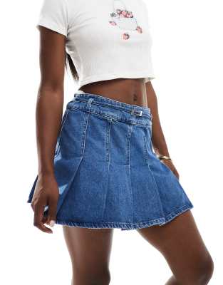 Asos Design Denim Pleated Mini Skirt With Belt In Midwash Blue