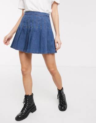 pleated denim skirt