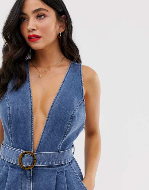 Denim store plunge jumpsuit