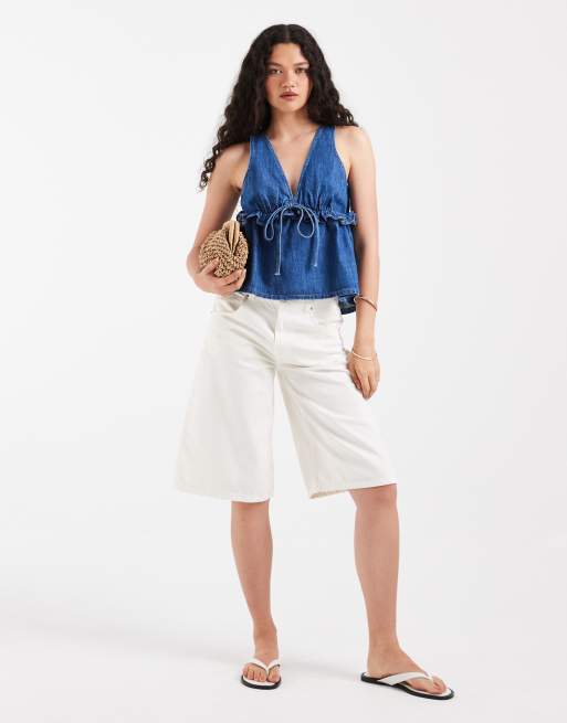 ASOS DESIGN denim plunge swing top in mid blue, 2 of 4