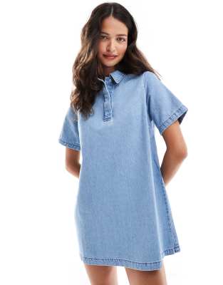 denim polo dress in mid blue