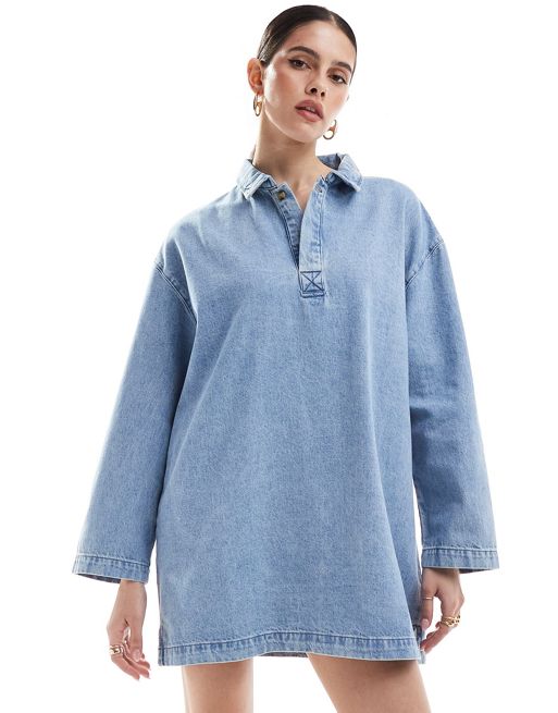 FhyzicsShops DESIGN denim polo mini dress in midwash blue