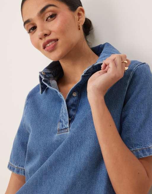ASOS DESIGN denim polo mini dress in midwash blue