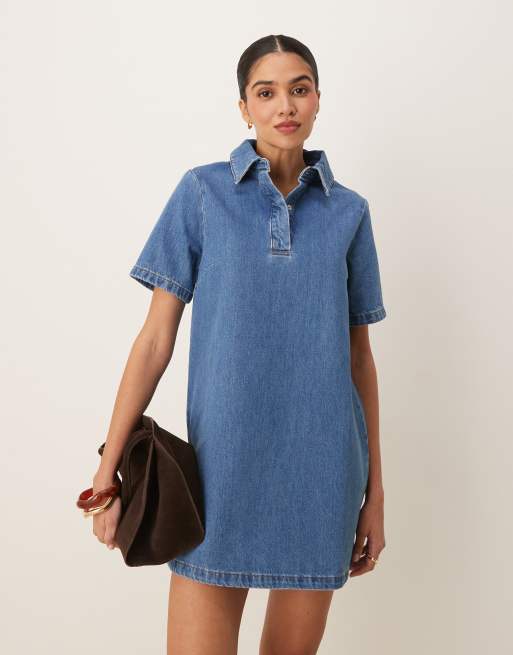 ASOS DESIGN denim polo mini dress in midwash blue
