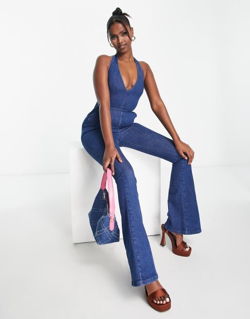 Denim cheap halterneck jumpsuit