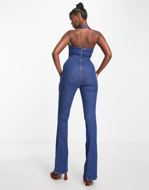 Denim halter neck store jumpsuit