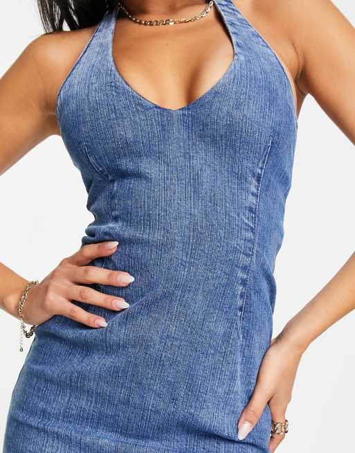 ASOS DESIGN denim power stretch halter neck mini dress