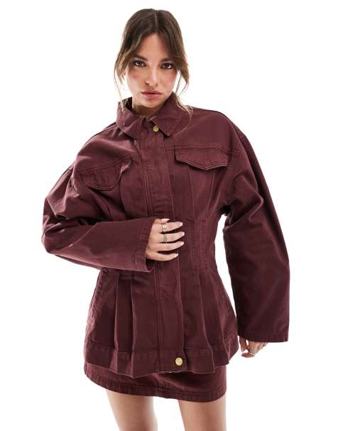 ASOS DESIGN denim premium jacket with cinched waist in burgundy co-ord - view 1