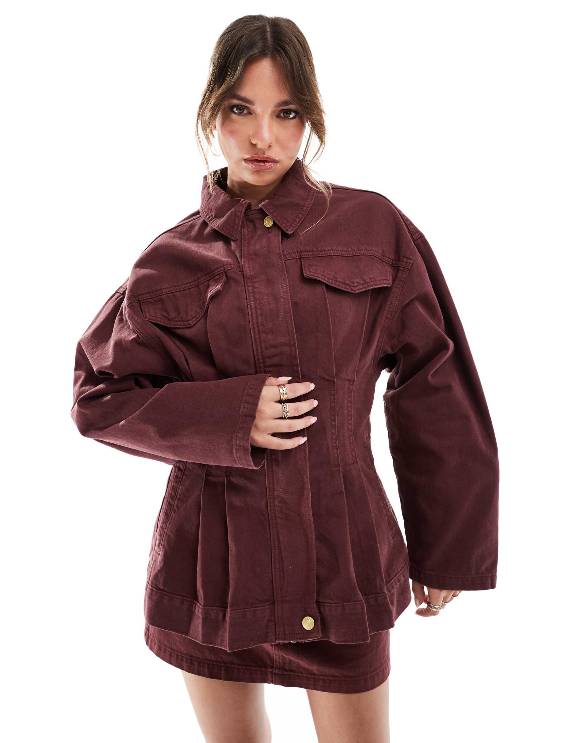 asos design denim premium jacket with cinched waist in burgundy - part of a set