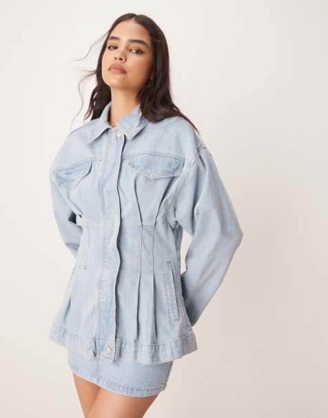 ASOS DESIGN denim premium jacket with cinched waist in lightwash - part of a set - view 1