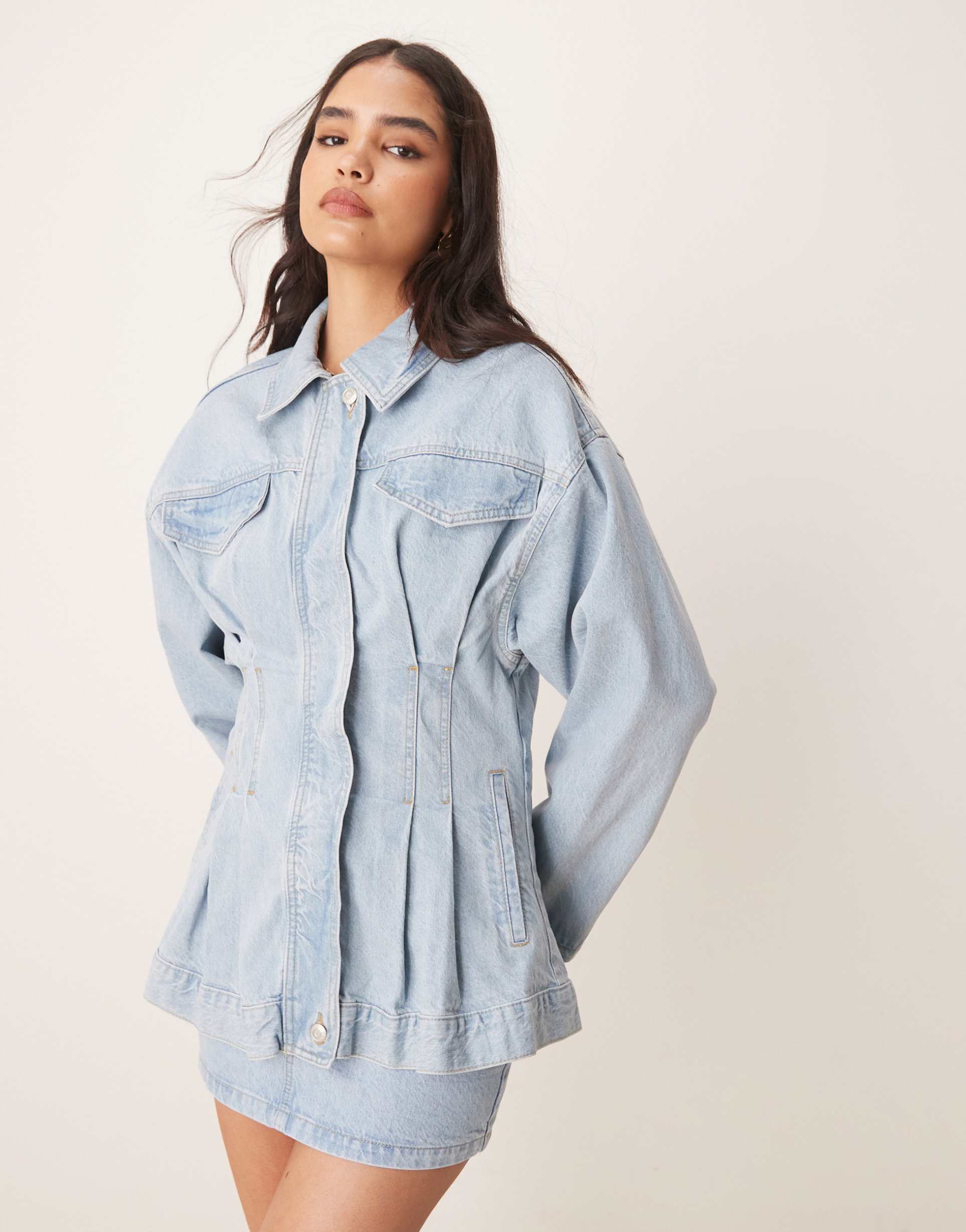 asos design denim premium jacket with cinched waist in lightwash - part of a set