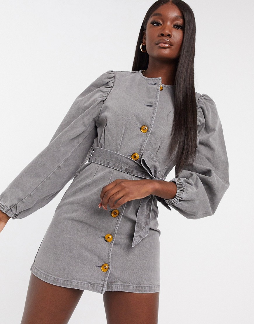 Asos Design Denim Puff Sleeve Belted Dress In Washed Gray-grey
