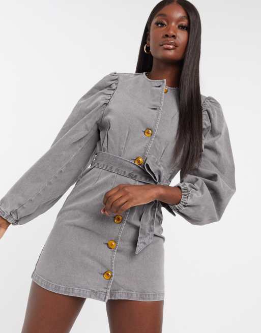 ASOS DESIGN denim puff sleeve belted dress in washed gray | ASOS