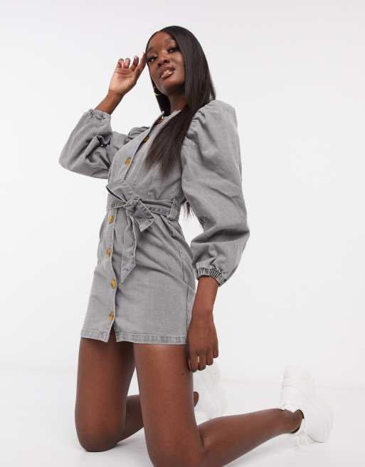 ASOS DESIGN denim puff sleeve belted dress in washed gray ASOS