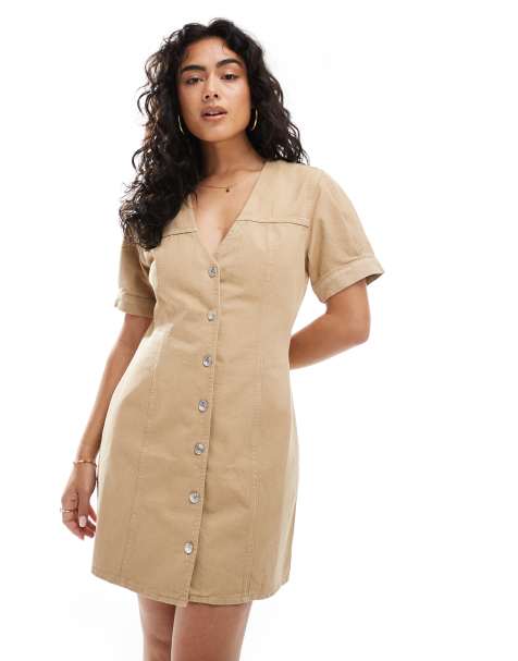 ASOS DESIGN denim puff sleeve button through mini dress in beige - view 1