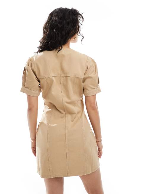 ASOS Design denim puff sleeve button through mini dress in beige-Neutral