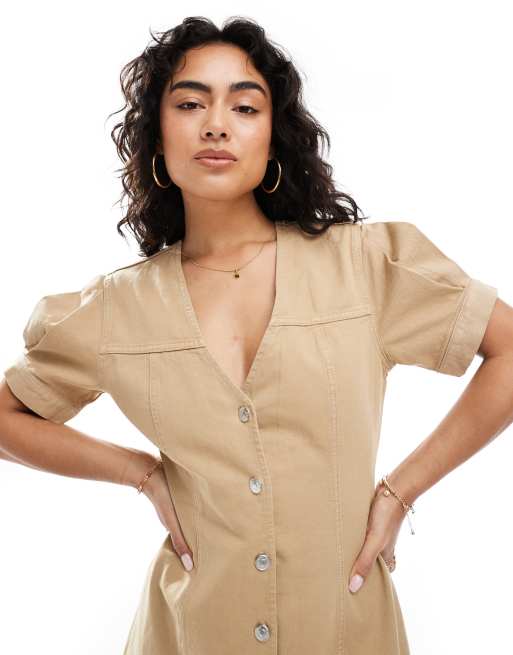ASOS Design denim puff sleeve button through mini dress in beige-Neutral