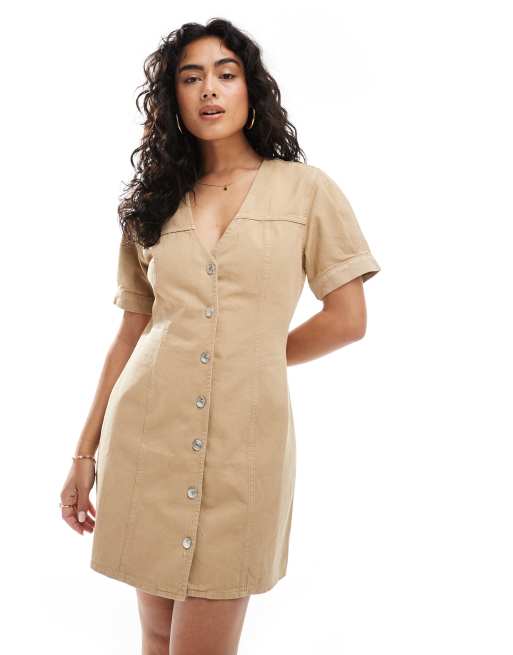 ASOS DESIGN denim puff sleeve button through mini dress in