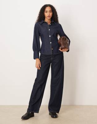 Asos Design Denim Puff Sleeve Collar Shirt In Blue