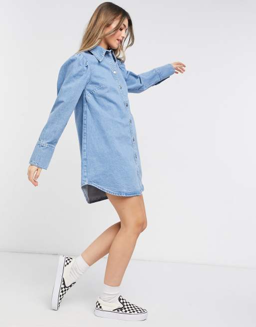 ASOS DESIGN denim puff sleeve denim shirt dress in midwash