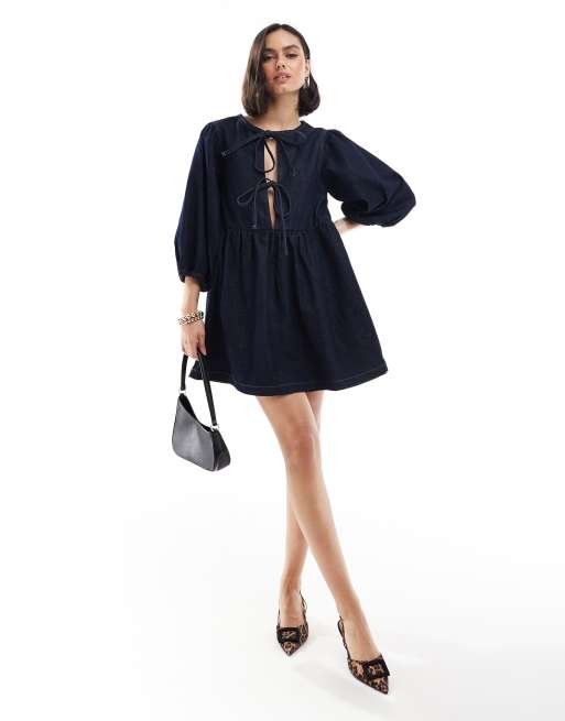 Asos Design Denim Puff Sleeve Dress In Indigo Asos 8709