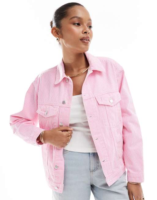 ASOS DESIGN denim puff sleeve jacket in pink stripe