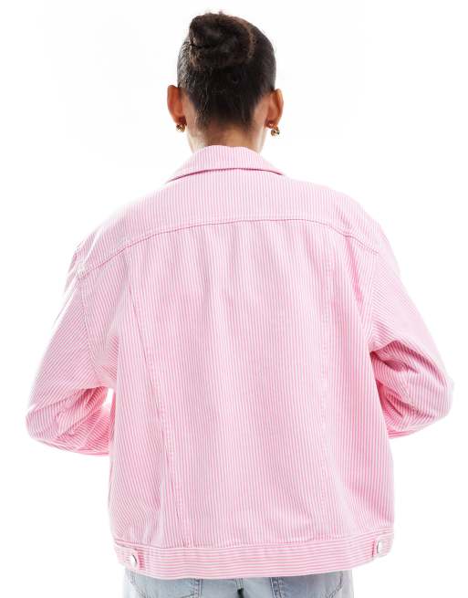 ASOS DESIGN denim puff sleeve jacket in pink stripe