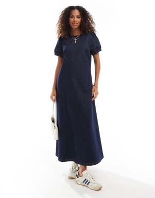 Asos Design Denim Puff Sleeve Midi Dress In Indigo-blue