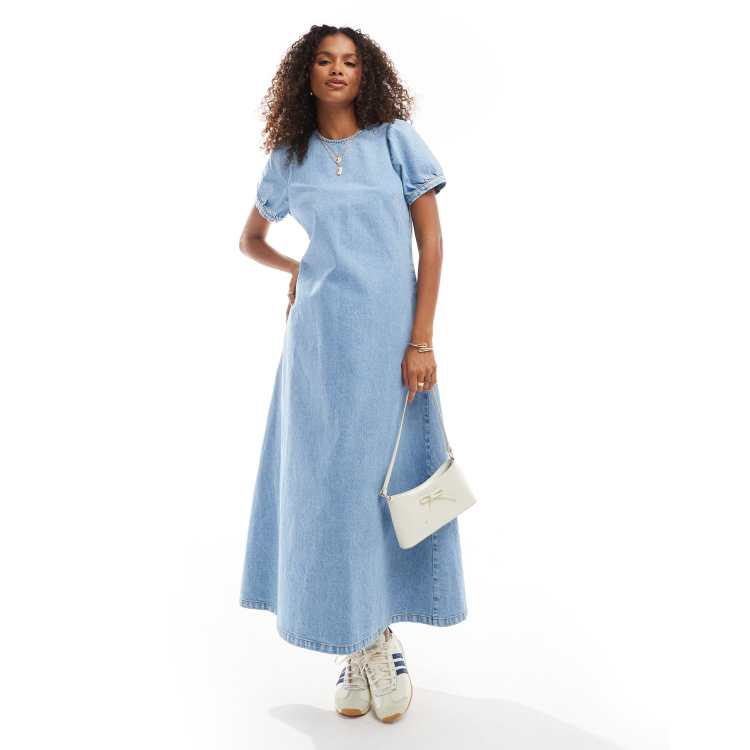 white christmas dresses Morgane Puff Sleeve V-Neck Midi Dress Light Denim Blue– Selfie Leslie