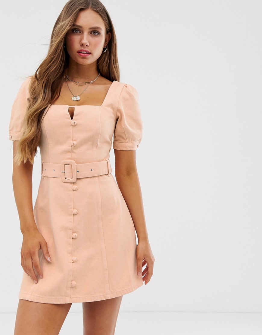 ASOS DESIGN denim puff sleeve mini dress with belt and buttons in peach-Pink