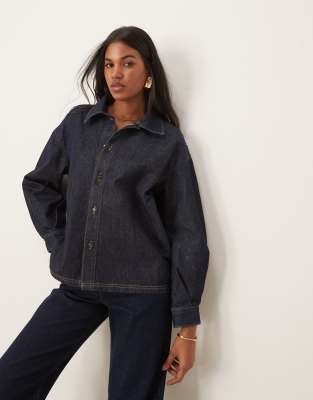 denim puff sleeve shirt in indigo-Blue