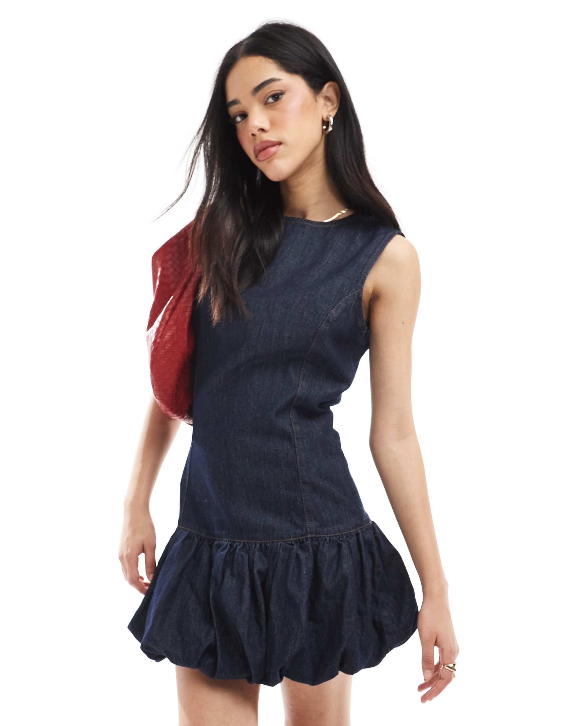 asos design denim puffball mini dress with dropped waist