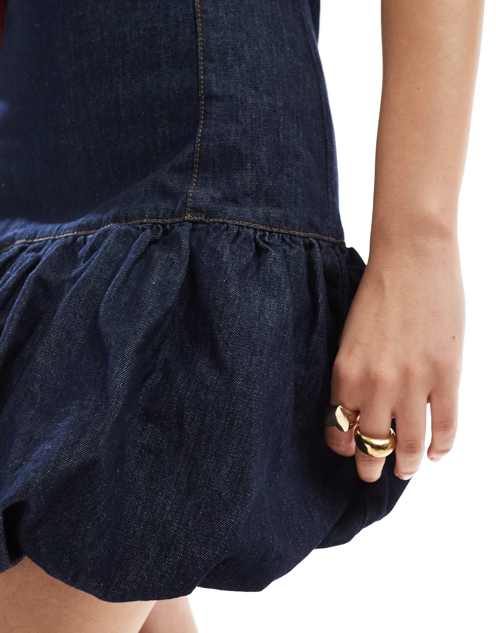 asos design denim puffball mini dress with dropped waist