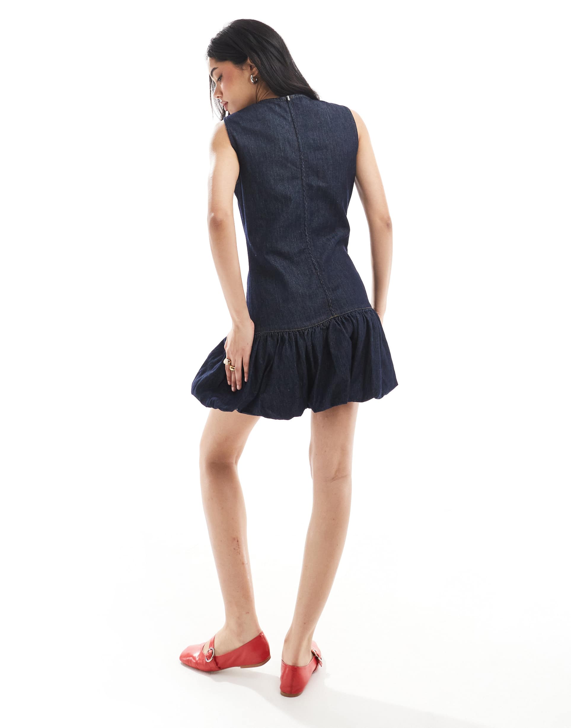 asos design denim puffball mini dress with dropped waist